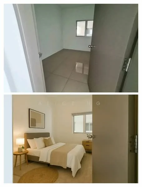 Room features: white painted walls, glossy ceramic tile flooring, single window with view, door with handle, neutral bedding, upholstered headboard, nightstand, table lamp, area rug, decorative plant; style: modern.