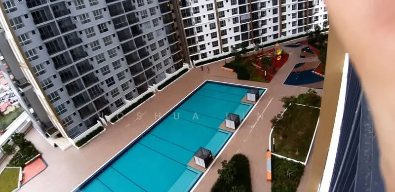 Exterior type: high-rise condominium; features: infinity pool, pool deck with loungers, children's playground, landscaped garden, manicured lawn, surrounded by mature greenery; style: modern.