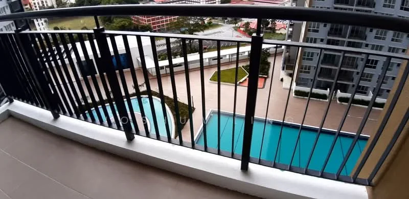Balcony features: metal railing, tiled flooring, view of swimming pools, view of landscaped area, attached to high-rise building; style: modern; view: pool.