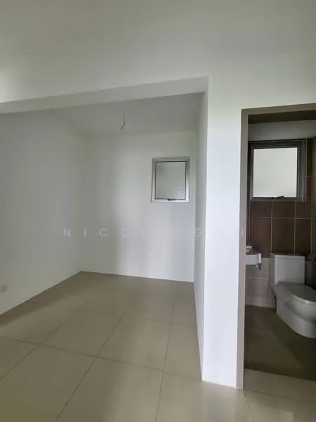 Room features: white painted walls, tile flooring, window with no treatment, light fixture on ceiling, bathroom visible in adjacent space, toilet visible in bathroom, sink visible in bathroom, mirror visible in bathroom.