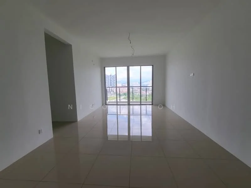 Living features: white painted walls, glossy beige tile flooring, floor-to-ceiling windows, city view, recessed downlights, single pendant light, open layout, balcony access; style: modern; view: city.