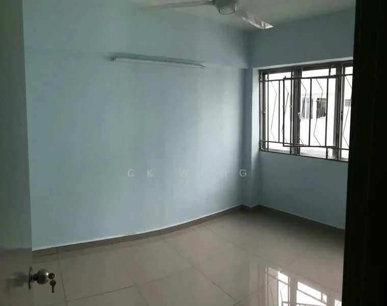 Room features: light blue painted walls, glossy ceramic tile flooring, ceiling fan, metal window grilles, large window with natural light, neutral ceiling, corner room, no visible furniture; style: modern.