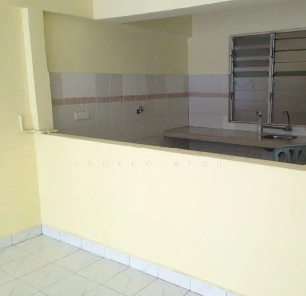 Kitchen features: yellow painted walls, white tiled backsplash, grey countertop, single-bowl stainless-steel sink, chrome faucet, white tiled flooring, window with metal grilles, open layout to living area.