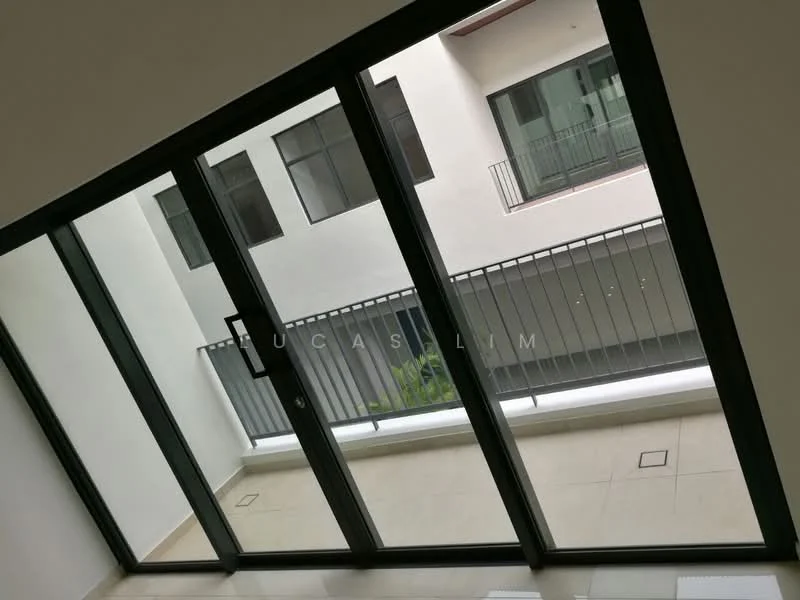 Room features: floor-to-ceiling windows, sliding glass door, white walls, cream tiled flooring, balcony with railing, view of adjacent building, natural light, minimalist design; style: modern; view: courtyard.