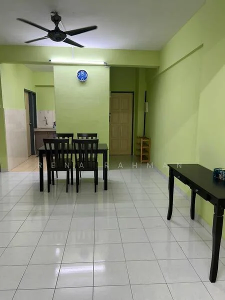Dining features: 4-seater dining table, black wooden dining chairs, white tiled flooring, green painted walls, ceiling fan with light, wall clock, open layout to kitchen, window with natural light; style: modern. Kitchen features: kitchen counter, stainless-steel sink, cabinets above counter, grey tiled backsplash; style: modern.