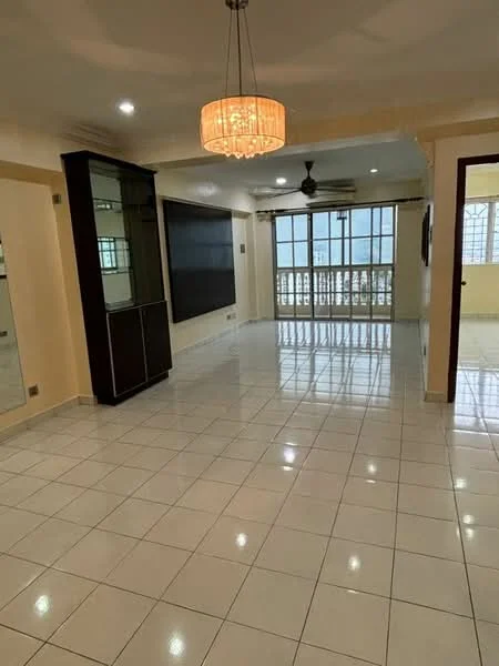 Living features: white painted walls, glossy white tile flooring, ceiling fan, chandelier, large windows with city view, built-in cabinetry, open layout, natural light, sliding glass door leading to balcony; style: modern; view: city.