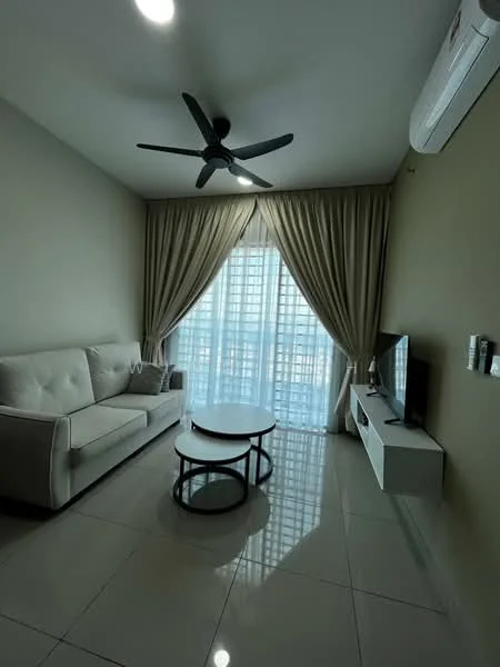 Living features: 3-seater fabric sofa in light grey, round coffee table with black metal base, wall-mounted TV, white TV console, floor-to-ceiling windows, sheer curtains, recessed LED downlights, ceiling fan with 3 blades, glossy tile flooring, air conditioning unit on wall; style: modern; view: city.