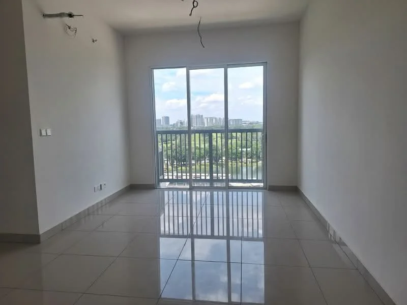 Living features: large sliding glass door, floor-to-ceiling windows, white painted walls, polished ceramic tile flooring, city view, no visible furniture, ceiling with exposed wiring, natural light; style: modern; view: city.