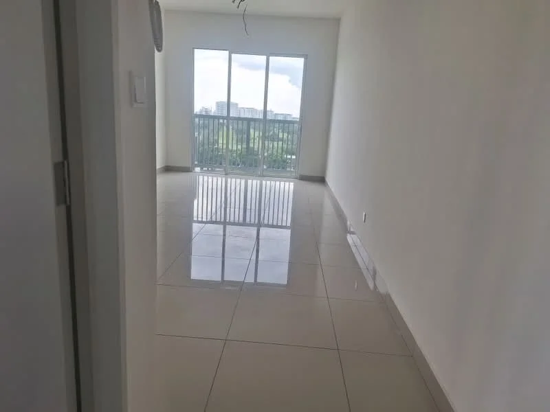 Room features: white painted walls, glossy tile flooring, floor-to-ceiling windows, sliding glass door, balcony access, natural light, neutral color scheme, open layout; style: modern; view: city.
