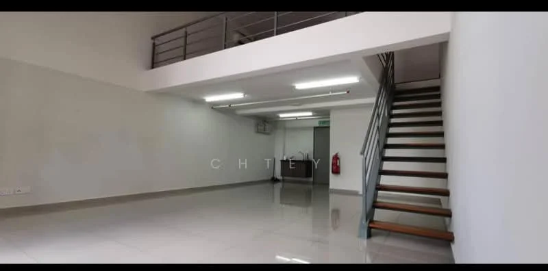 Room features: white painted walls, polished floor tiles, staircase with wooden steps, metal railing, recessed LED downlights, air conditioning unit, fire extinguisher, open layout; style: modern.