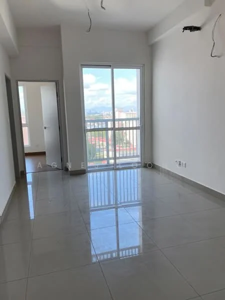 Room features: white painted walls, glossy ceramic tile flooring, floor-to-ceiling windows, sliding glass door, city view, ceiling with exposed wiring, neutral color scheme, natural light from windows; style: modern; view: city.