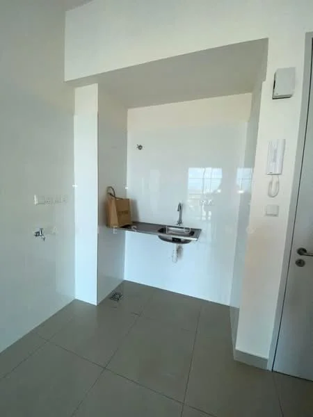Laundry features: white painted walls, grey tiled flooring, single-bowl stainless-steel sink, chrome faucet, wall-mounted intercom, window with city view, drainage outlet on floor; style: modern; view: city.