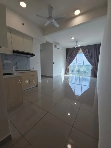 Living features: glossy tile flooring, white painted walls, ceiling with recessed downlights, 2-blade ceiling fan, large sliding glass door, floor-to-ceiling windows, curtains, marble backsplash, kitchen cabinetry, open layout to kitchen; style: modern; view: city.