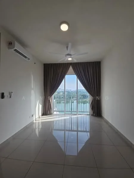 Living features: large floor-to-ceiling sliding glass door, grey curtains, white painted walls, polished ceramic tile flooring, 5-blade ceiling fan with light, wall-mounted split AC, recessed downlights; style: modern; view: lake.