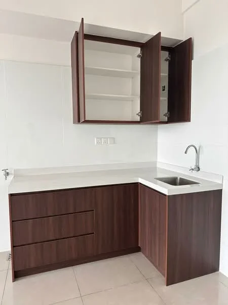 Kitchen features: brown wooden cabinetry, white countertop, single-bowl stainless-steel sink, chrome pull-down faucet, open shelving above countertop, two drawers, two cabinet doors, ceramic tile flooring, white tiled walls; style: modern.