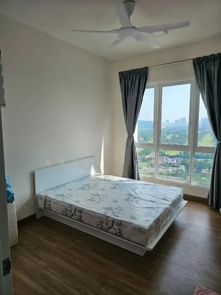 Bedroom features: queen-size bed, white bed frame, light wood flooring, floor-to-ceiling windows, grey curtains, ceiling fan, unmade bed with floral mattress, city view; style: modern; view: city.