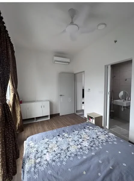 Bedroom features: queen-size bed with floral bedding, wooden flooring, 5-blade ceiling fan, floor-to-ceiling window with sheer curtains, wall-mounted air conditioning unit, built-in wardrobe, neutral painted walls, decorative wall mirror, nightstand with storage; style: modern. Bathroom features: tiled flooring, vanity with sink, toilet, shower area with glass enclosure, neutral tiled walls.