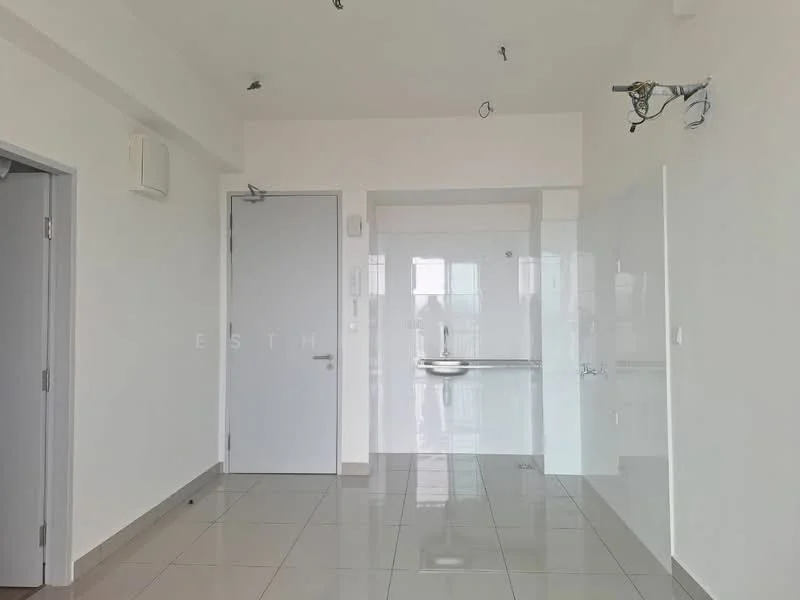 Room features: white painted walls, grey tiled flooring, recessed downlights, floor-to-ceiling windows, open layout, kitchenette area with sink, unfinished ceiling with exposed wiring, no visible furniture or decor; style: modern.
