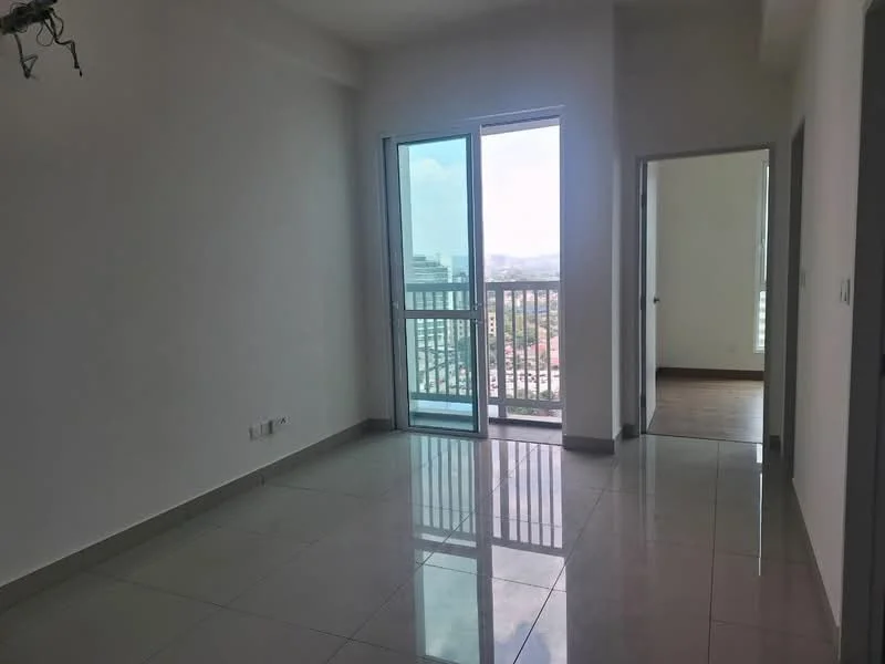 Room features: white painted walls, glossy tile flooring, floor-to-ceiling windows, sliding glass door, natural light, city view, neutral color scheme, open layout; style: modern; view: city.