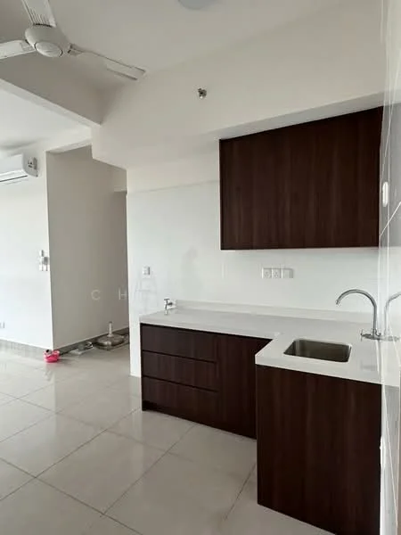 Kitchen features: white countertop, dark wood cabinetry, single-bowl stainless-steel sink, chrome pull-down faucet, wall-mounted split AC, ceiling fan, ceramic tile flooring, white painted walls; style: modern.