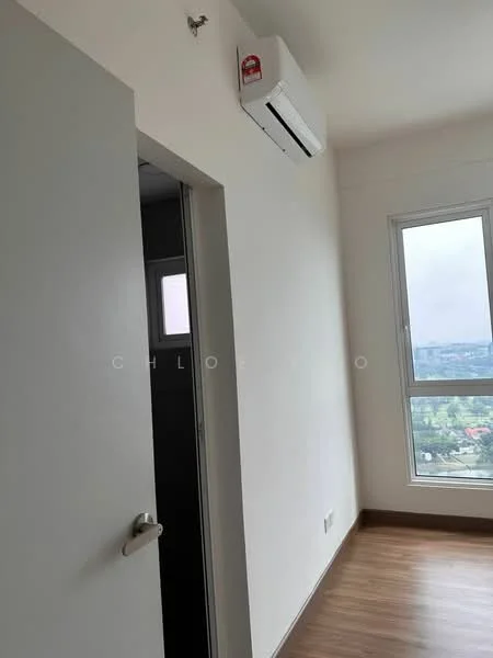 Room features: white painted walls, wooden flooring, 1 wall-mounted split AC, door with handle, floor-to-ceiling window, city view; style: modern; view: city.