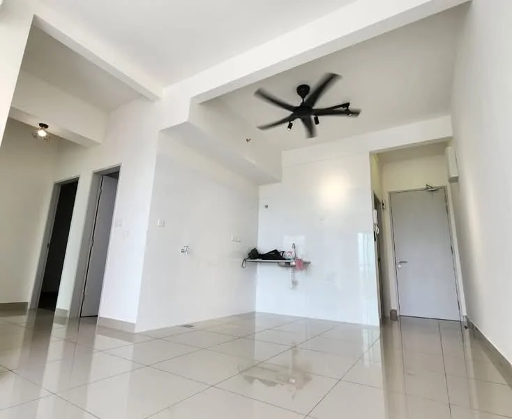Room features: white painted walls, polished ceramic tile flooring, 5-blade ceiling fan, door with handle, wall-mounted electrical outlets, suspended ceiling, open space layout, natural light from windows; style: modern.