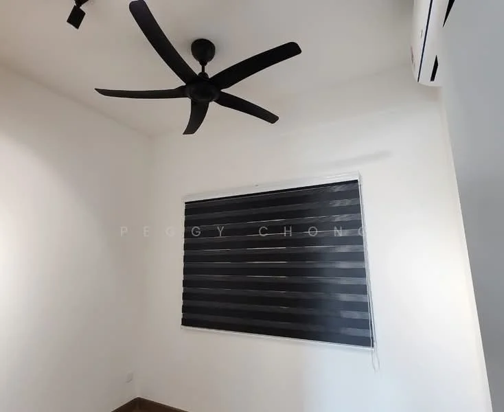 Room features: black ceiling fan, white painted walls, black roller blinds, wooden flooring, air conditioning unit.