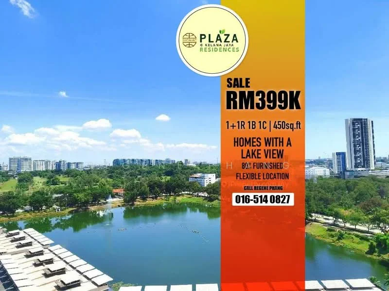 Exterior type: high-rise condominium; features: lake view, surrounding greenery, swimming pool deck, manicured lawn, modern architecture, balconies, landscape garden, urban context; style: modern.