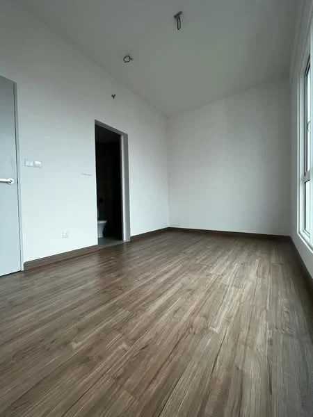 Room features: light wood laminate flooring, white painted walls, large windows, door to another room, recessed ceiling light, neutral color scheme; style: modern.