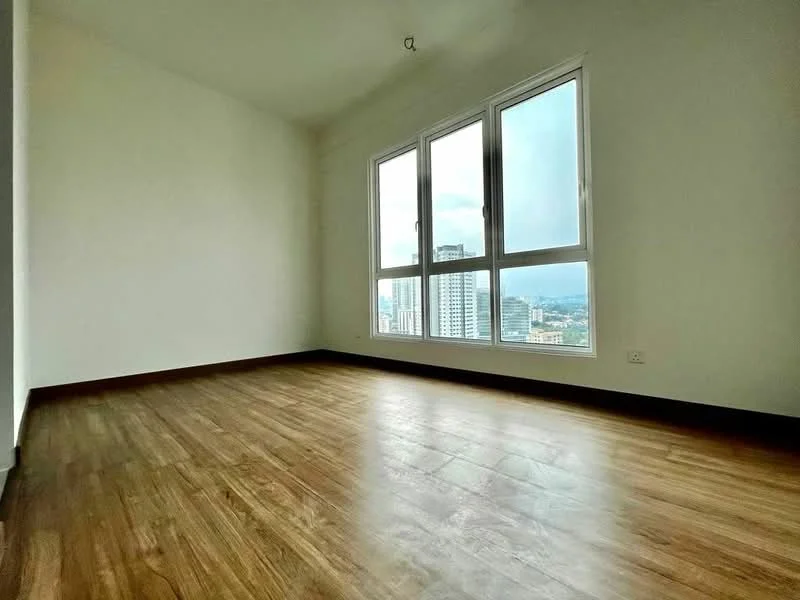 Room features: laminate flooring, white painted walls, floor-to-ceiling windows, city view, natural light, no visible furniture, neutral color scheme, corner room; style: modern; view: city.