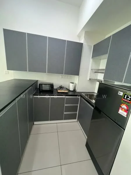 Kitchen features: grey cabinetry with flat-panel design, stainless-steel fridge, built-in microwave, black countertop, ceramic tile flooring, white walls, open shelving, single-bowl stainless-steel sink, chrome pull-down faucet, under-cabinet lighting, kitchen appliances, drawer storage; style: modern.
