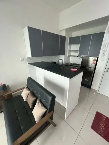 Kitchen features: white cabinetry, grey upper cabinets, black countertop, stainless-steel fridge, built-in oven, ceramic tile flooring, wall-mounted kitchen shelves, single-bowl stainless-steel sink, chrome pull-down faucet, open layout, modern design; style: modern.