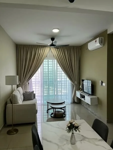 Living features: 3-seater fabric sofa in white, coffee table with black legs, TV console with wall-mounted TV, floor-to-ceiling windows, sheer curtains, 5-blade ceiling fan with light, recessed downlights, marble tile flooring, cream painted walls, decorative vase with flowers; style: modern.