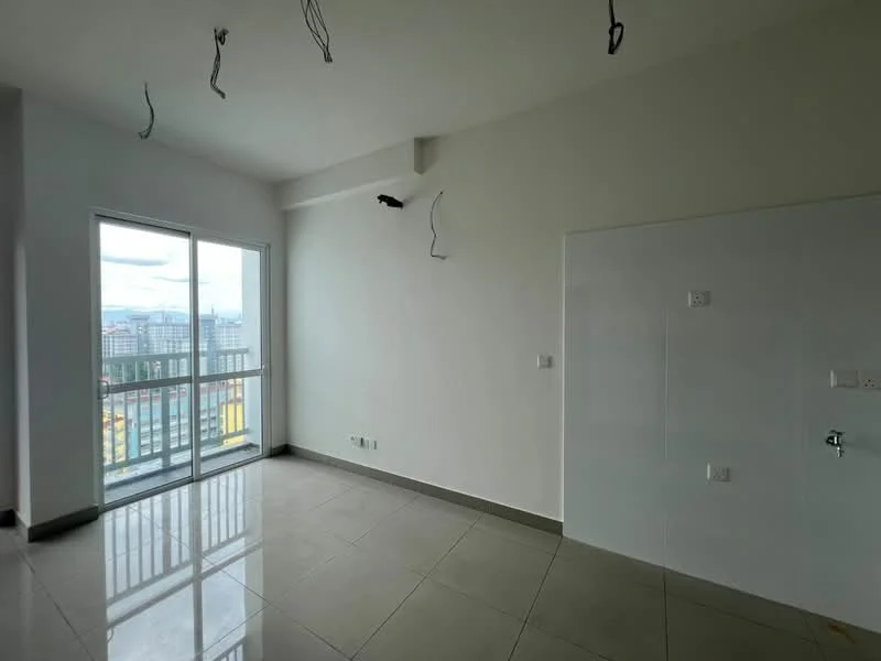Room features: white painted walls, grey tiled flooring, floor-to-ceiling windows, balcony door, unpainted ceiling with exposed wiring, one wall with a door, city view from windows; style: modern; view: city.