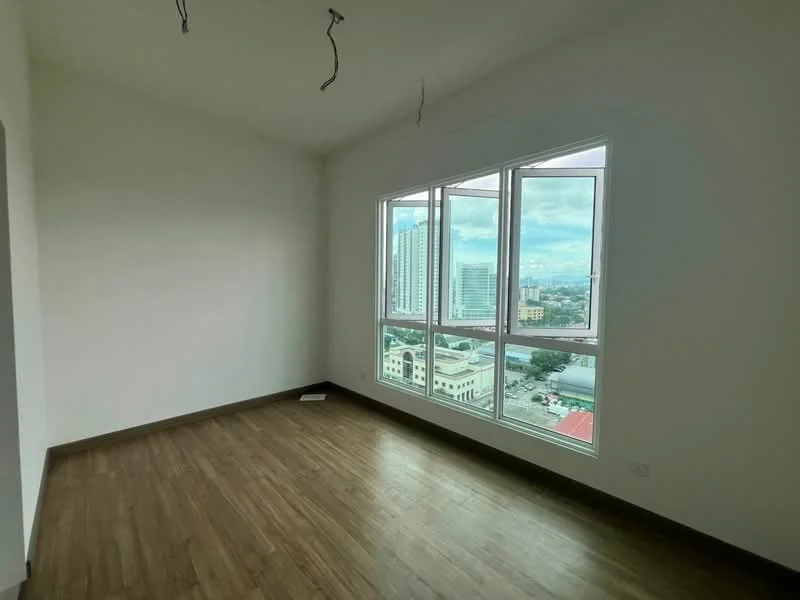 Room features: white painted walls, wooden flooring, floor-to-ceiling windows, city view, two visible electrical wires hanging from ceiling; view: city.