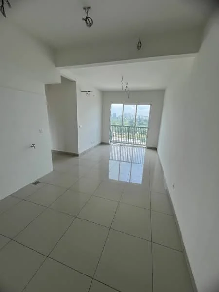 Room features: white painted walls, glossy ceramic tile flooring, floor-to-ceiling windows, city view, recessed ceiling lights, open layout, balcony access, no visible furniture; style: modern; view: city.