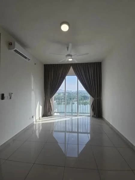 Living features: large sliding glass door, floor-to-ceiling windows, grey curtains, white painted walls, polished ceramic tile flooring, 5-blade ceiling fan with light, wall-mounted split AC, natural light from balcony; style: modern; view: city.