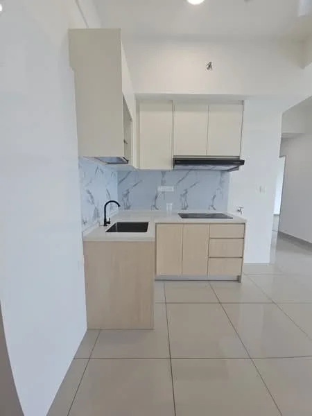 Kitchen features: white cabinets, light wood cabinetry, marble backsplash, single-bowl stainless-steel sink, chrome pull-down faucet, built-in stove, countertop with integrated cooktop, tile flooring, recessed downlights; style: modern.