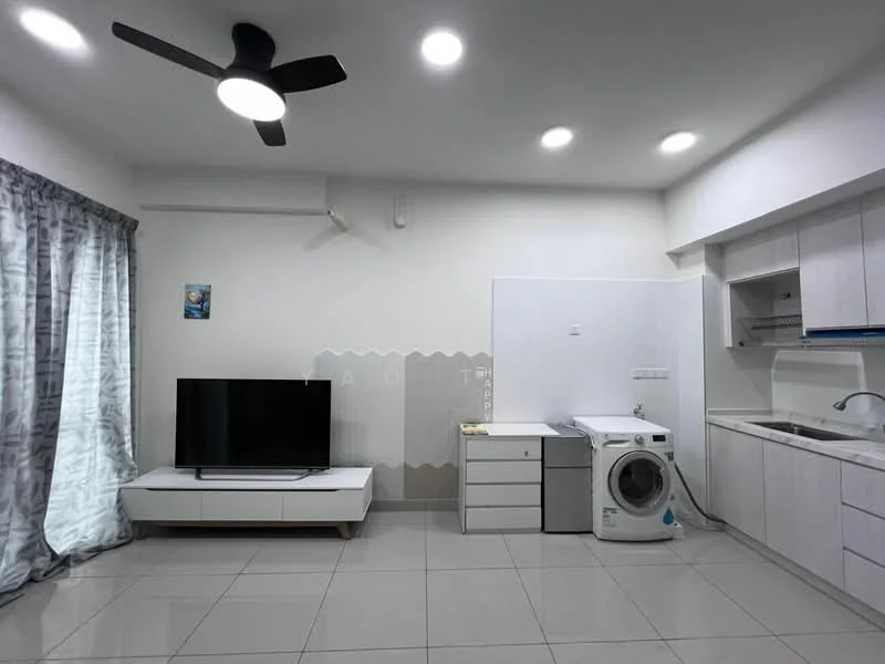Living features: white walls, grey curtains, recessed LED downlights, 5-blade ceiling fan, white tiled flooring, TV console, wall-mounted TV, washing machine, kitchen cabinetry, single-bowl stainless-steel sink, countertop, built-in cabinetry; style: modern.