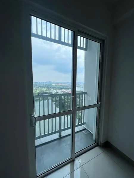 Room features: sliding glass door, grey tiled flooring, white walls, balcony view of city skyline, metal railing; style: modern; view: city.
