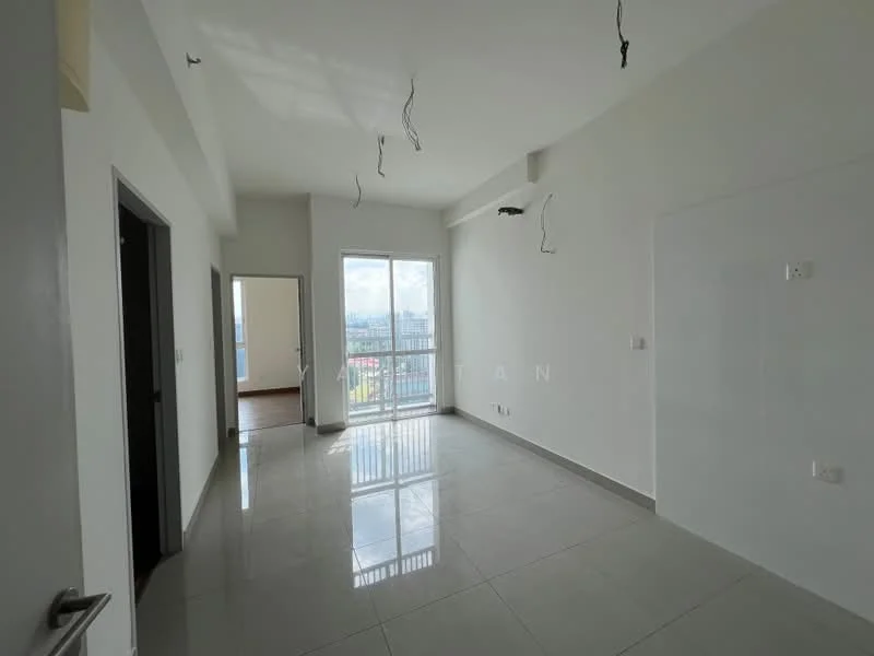 Room features: white painted walls, grey tiled flooring, floor-to-ceiling windows, sliding glass door, natural light from windows, ceiling with exposed wiring, open layout, view of city skyline; style: modern; view: city.