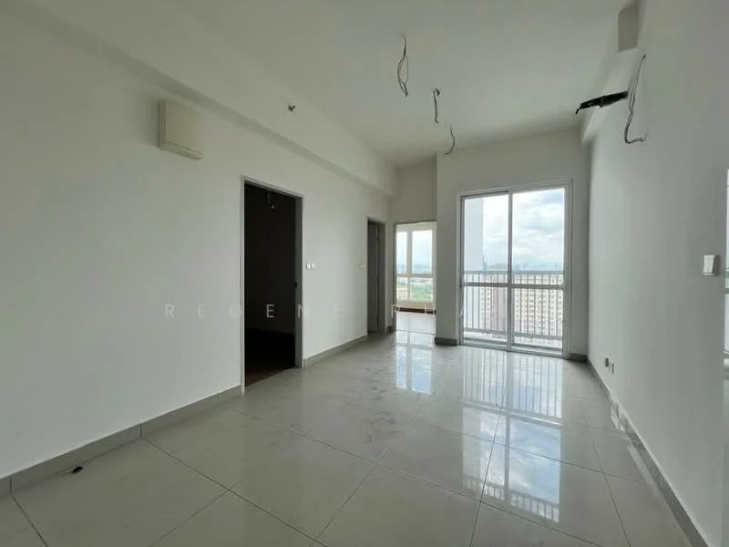 Room features: white painted walls, glossy ceramic tile flooring, floor-to-ceiling windows, sliding glass door, view of city skyline, exposed electrical wiring, air conditioning unit, neutral ceiling; style: modern; view: city.