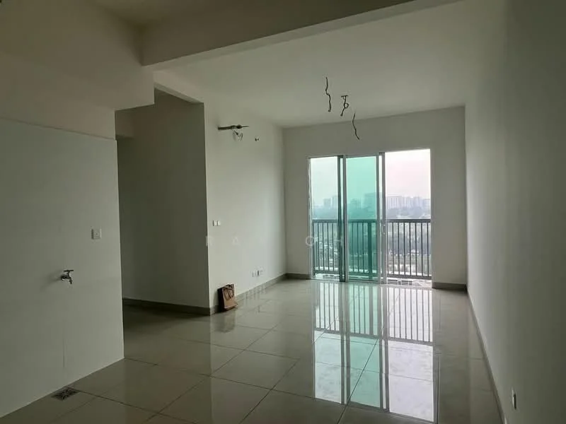 Room features: white painted walls, glossy ceramic tile flooring, floor-to-ceiling windows, sliding glass door, balcony access, unfurnished space, ceiling with exposed wiring, city skyline view; style: modern; view: city.
