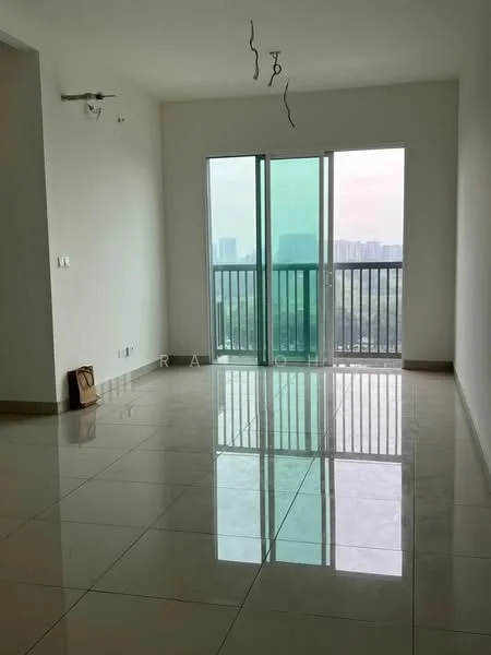Living features: large floor-to-ceiling windows, sliding glass door, white painted walls, polished ceramic tile flooring, recessed downlights, hanging light fixtures, balcony access, city view; style: modern; view: city.