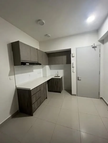 Kitchen features: grey cabinetry, white countertop, single-bowl stainless-steel sink, chrome pull-down faucet, built-in kitchen hood, tile flooring, recessed ceiling lights, wall-mounted cabinet, open shelving, door leading to hallway; style: modern.