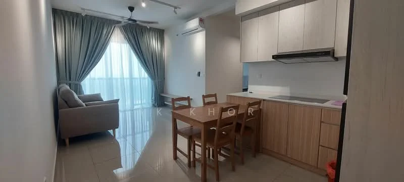 Living features: floor-to-ceiling windows, grey fabric sofa, wooden dining table for 4, wooden dining chairs, light-coloured cabinetry, white countertop, built-in kitchen hood, recessed downlights, curtains, glossy tile flooring, wall-mounted split AC; style: modern; view: city.