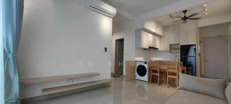 Living features: white painted walls, glossy tile flooring, 5-blade ceiling fan with light, wall-mounted split AC, sofa with beige upholstery, wooden shelving unit, dining table with 4 wooden chairs, kitchen with built-in cabinets, stainless-steel fridge, front-load washing machine; style: modern.