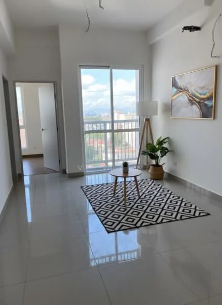 Living features: white painted walls, glossy ceramic tile flooring, floor-to-ceiling windows, city view, modern pendant light, decorative wall art, area rug with geometric pattern, potted houseplant, small round coffee table; style: modern; view: city.