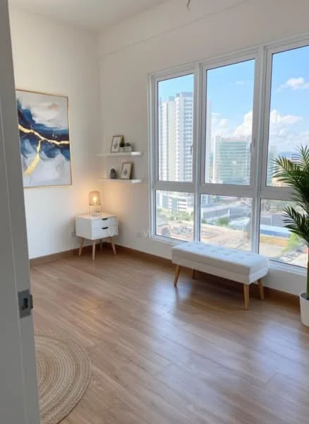 Room features: large floor-to-ceiling windows, wooden flooring, white painted walls, decorative wall art, floating shelves, small white bedside table, table lamp, bench seating, area rug, indoor plant; style: modern; view: city.