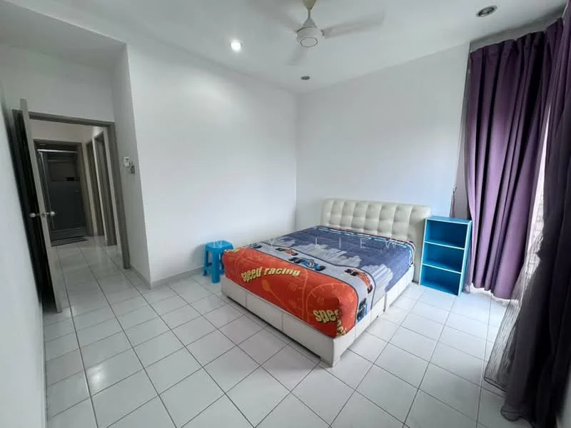 Bedroom features: queen-size bed with upholstered headboard, bedspread with racing theme, white tiled flooring, purple curtains, ceiling fan, blue bedside table, blue storage cabinet, wall-mounted mirror, doorway leading to hallway, doorway leading to bathroom; style: modern.